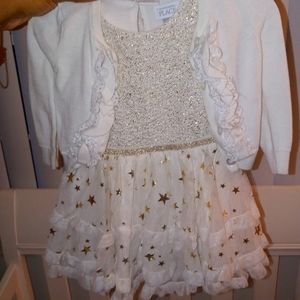 Gold/white dress with white cardigan